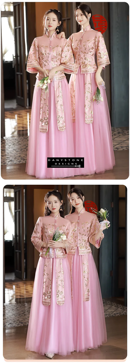 "Elegant embroidery on the Classic Chinese Style Pink Xiuhe Dress"