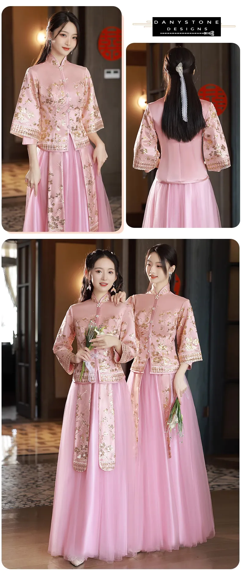 "Full-length view highlighting the intricate details of the pink Xiuhe dress"