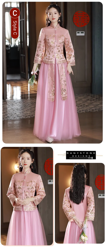 "Close-up of the collar and sleeve details on the pink Xiuhe dress"