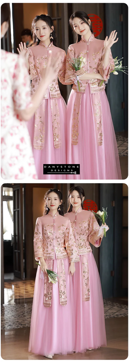 "Model in a stylish indoor setting wearing the pink Chinese style wedding dress"