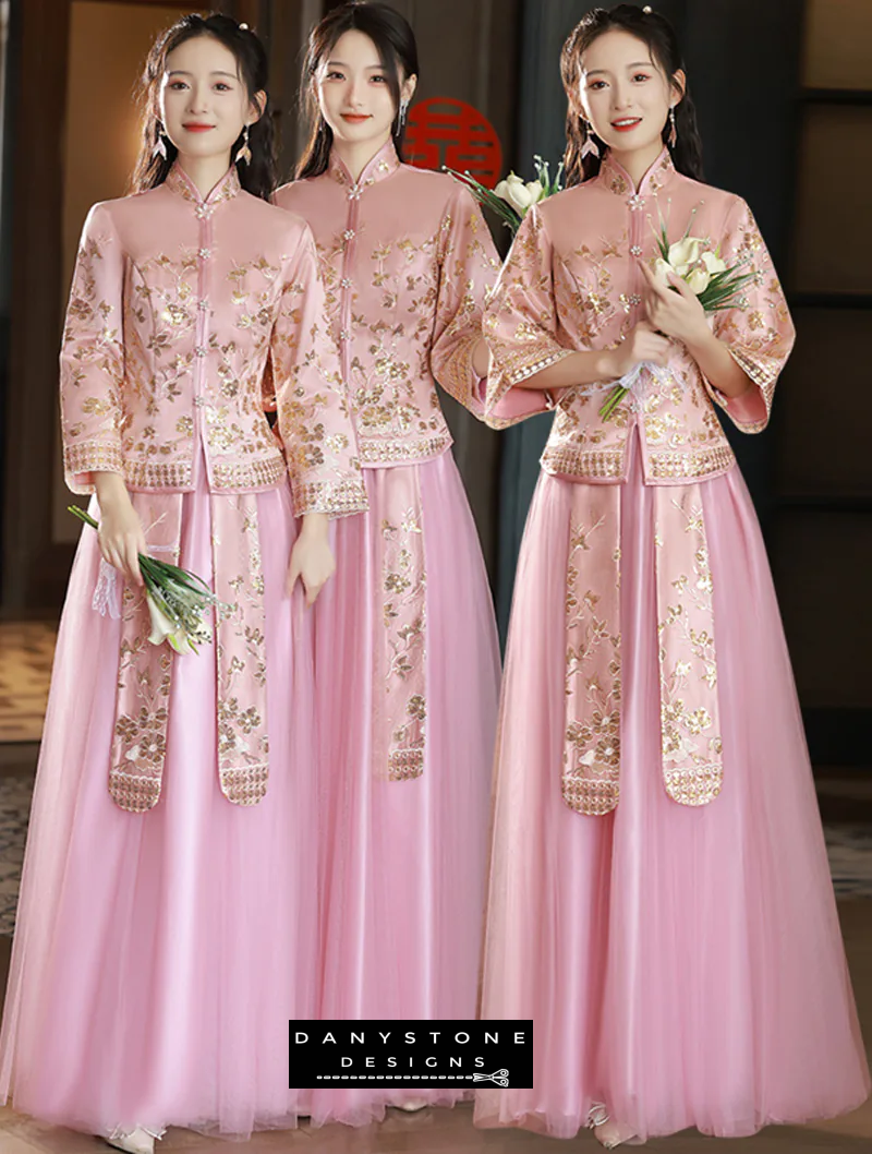 "Intricate floral embroidery on the Chinese style pink wedding dress"