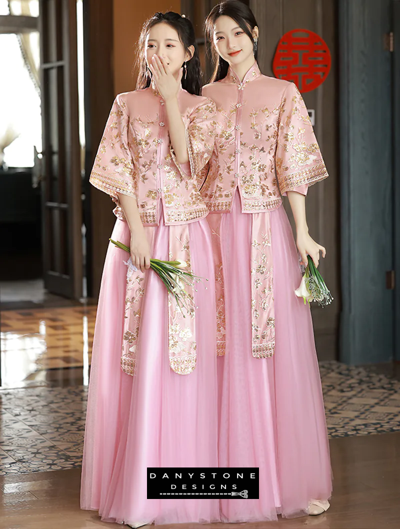 "Back view of the pink Xiuhe dress showcasing elegant design and embroidery"