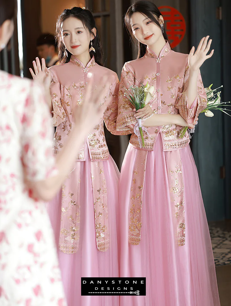 "Side view of the model in the pink Xiuhe wedding dress, highlighting craftsmanship"