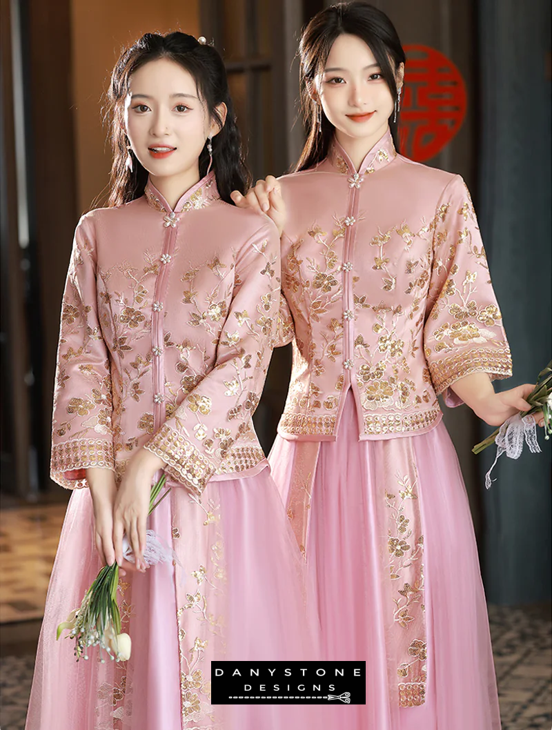 "Full-length view of the Classic Chinese Style Pink Embroidery Xiuhe Dress"