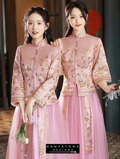 "Full-length view of the Classic Chinese Style Pink Embroidery Xiuhe Dress"