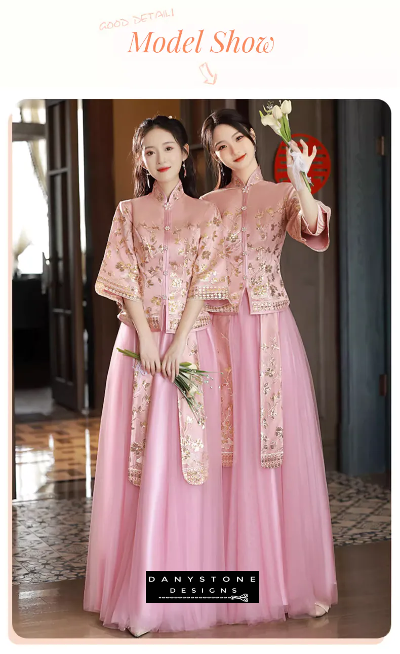 "Model posing in the Chinese style wedding dress in an elegant indoor setting"