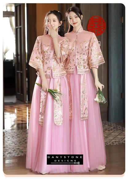 "Close-up of the delicate embroidery on the pink Xiuhe dress"