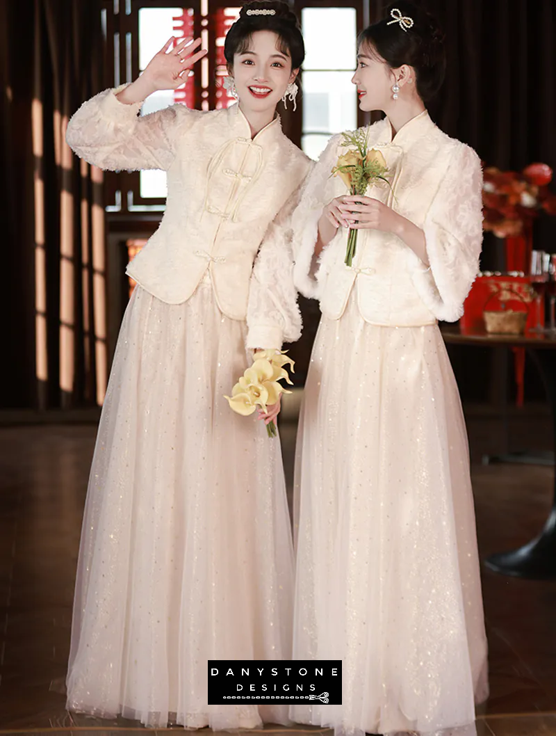 "Model wearing Sweet Chinese Style Long Sleeve Warm Champagne Bridesmaid Dress"