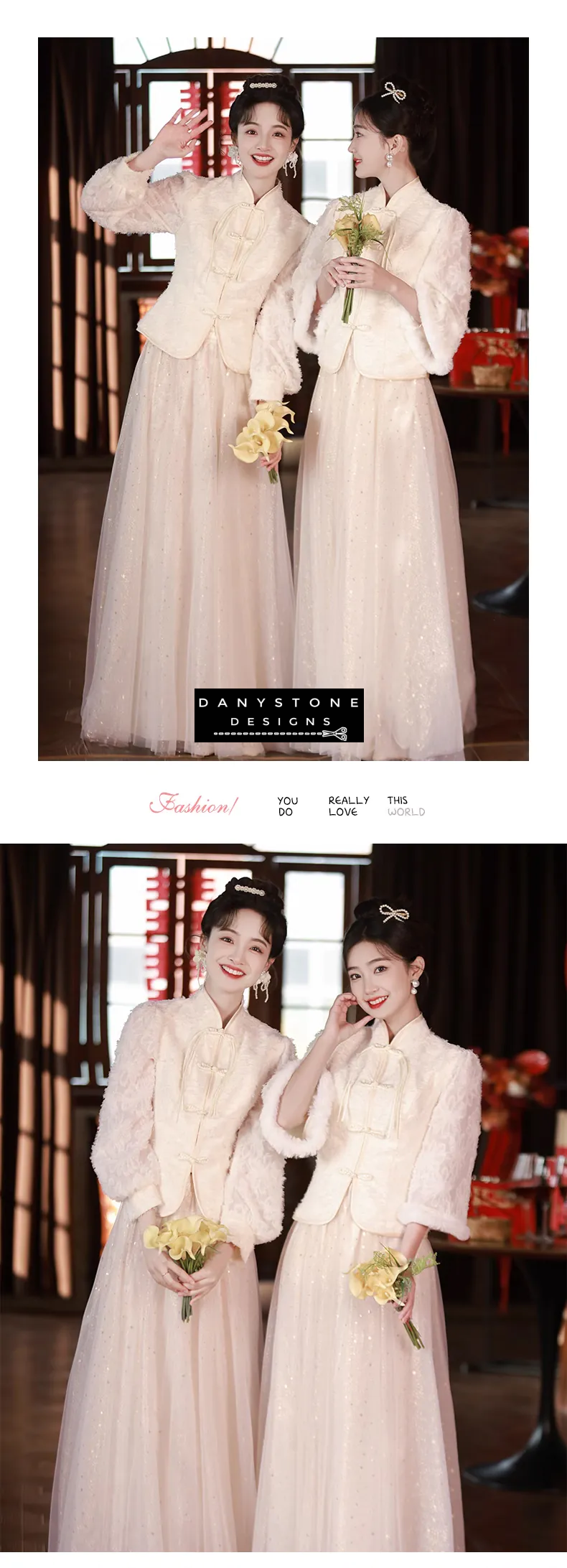 "Model in a stylish indoor setting wearing the Chinese style bridesmaid dress"