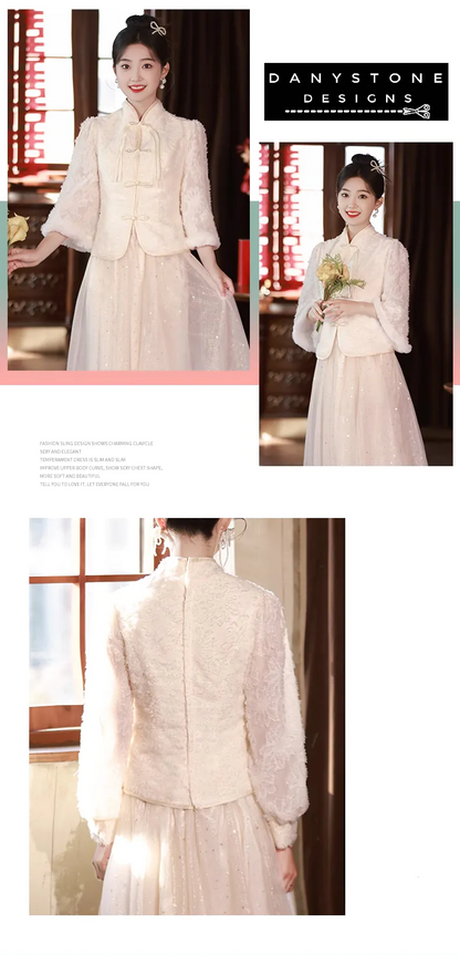 "Back view of the warm champagne bridesmaid dress showcasing long sleeves"