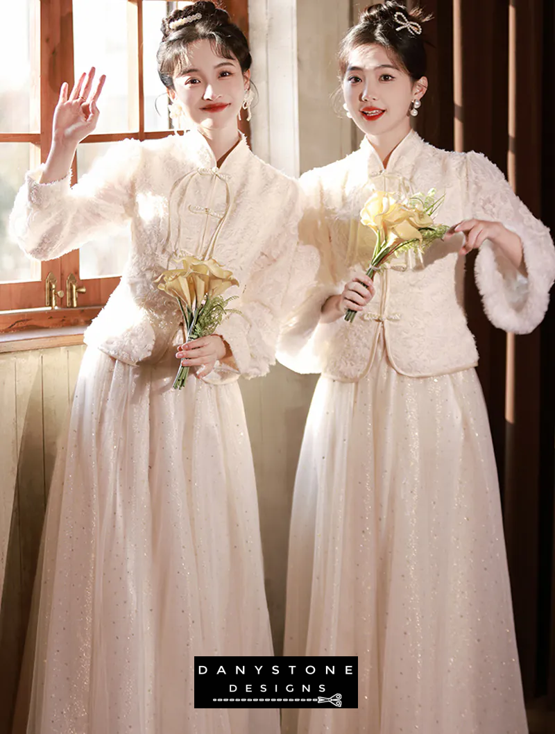 "Full-length view of the Sweet Chinese Style Long Sleeve Warm Champagne Bridesmaid Dress"