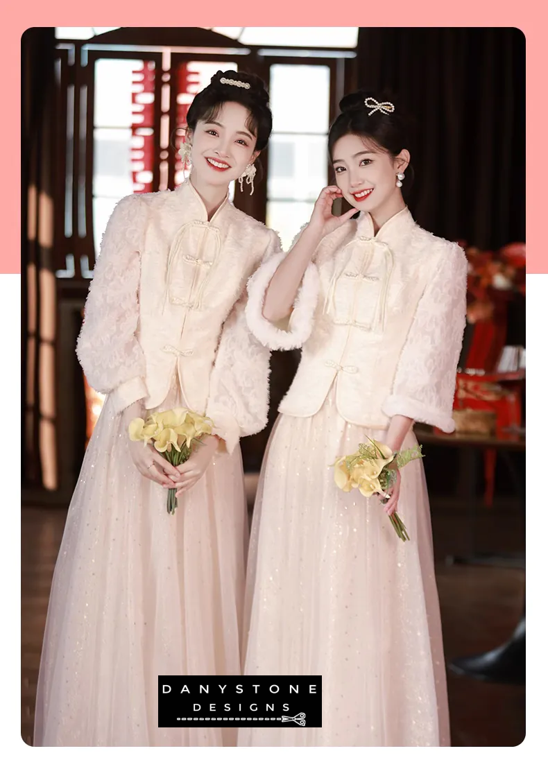 "Model posing in the Chinese style champagne bridesmaid dress in an indoor setting"