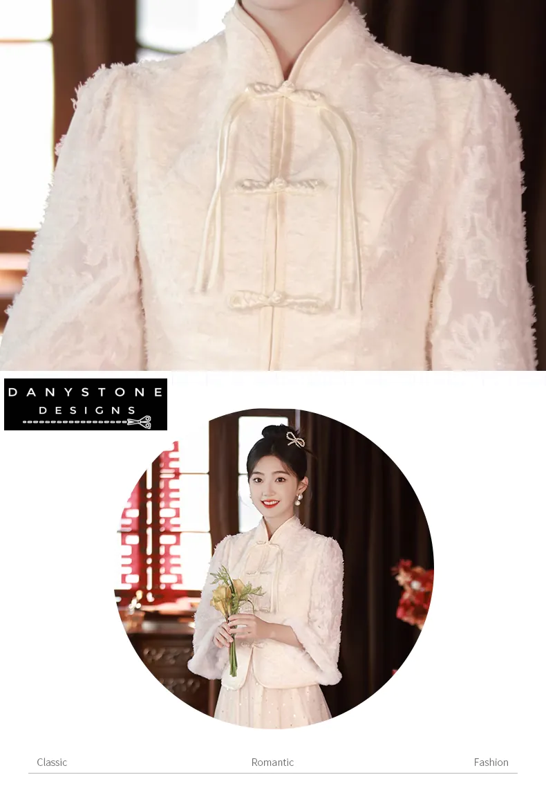 "Detailed shot of the long sleeves on the Chinese style champagne bridesmaid dress"