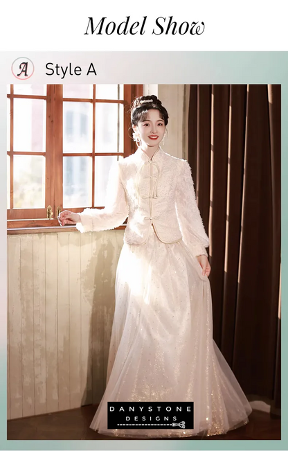 "Elegant Chinese style dress perfect for winter weddings and formal occasions"