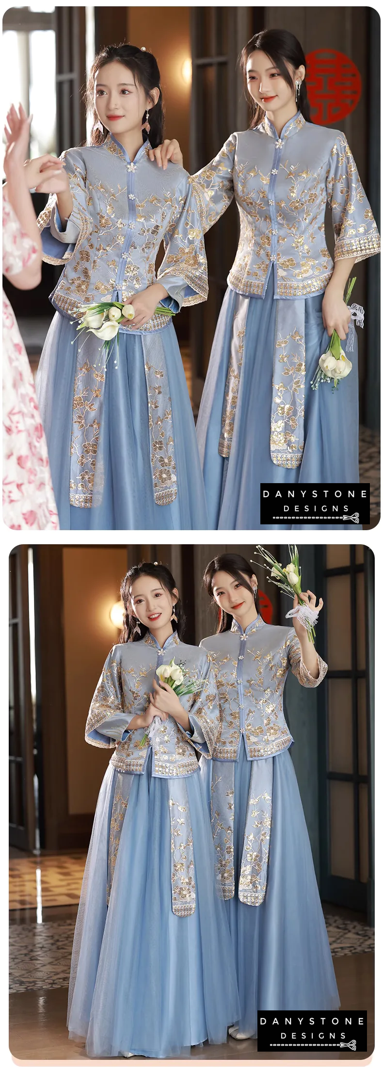 Front view of the Blue Chinese Traditional Wedding Dress showcasing its design and embroidery