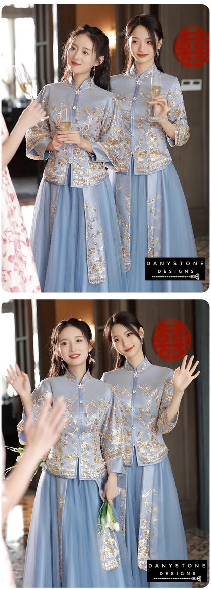 Front view of the Blue Chinese Traditional Wedding Dress showcasing its design and embroidery