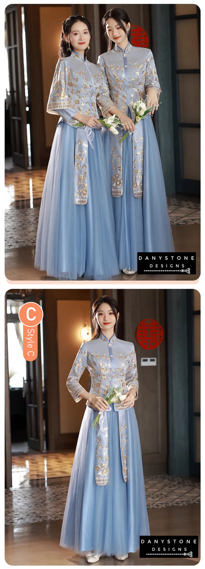 Front view of the Blue Chinese Traditional Wedding Dress showcasing its design and embroidery