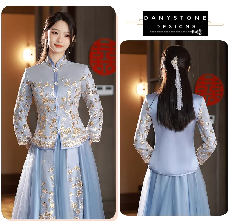 Back view of the Blue Chinese Traditional Wedding Dress highlighting its detailed craftsmanship