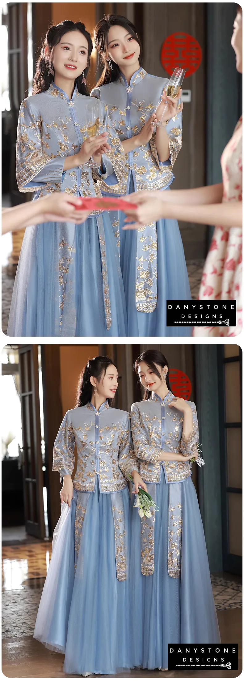 Back view of the Blue Chinese Traditional Wedding Dress highlighting its detailed craftsmanship