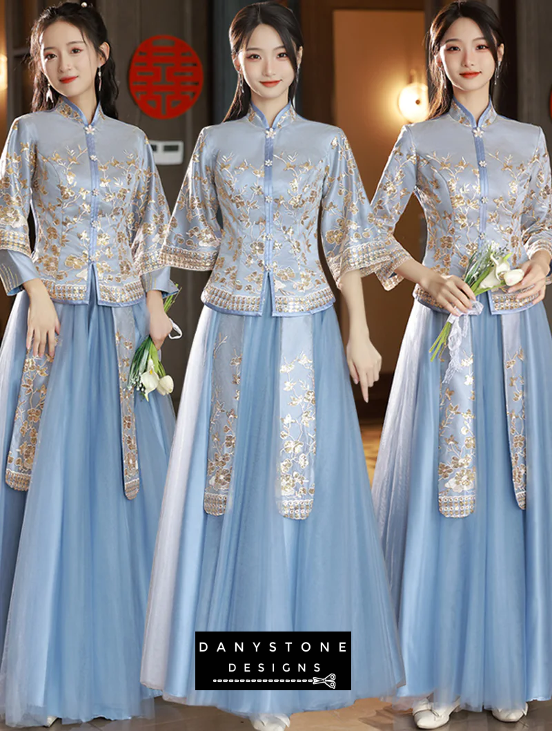 Two women wearing Elegant Blue Chinese Traditional Wedding Dress with Intricate Embroidery