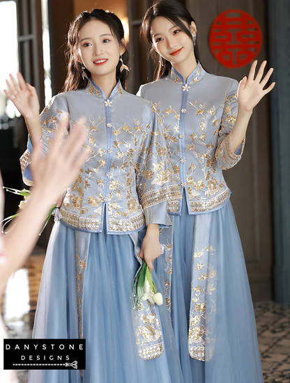 Close-up of intricate embroidery on the Blue Chinese Traditional Wedding Dress