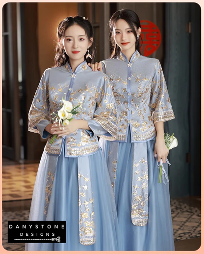 Front view of the Blue Chinese Traditional Wedding Dress showcasing its design and embroidery