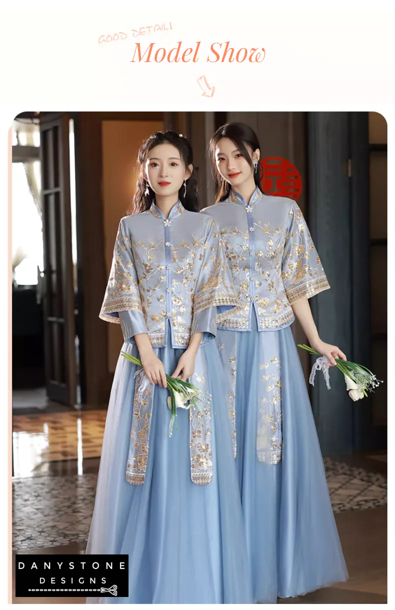 Front view of the Blue Chinese Traditional Wedding Dress showcasing its design and embroidery