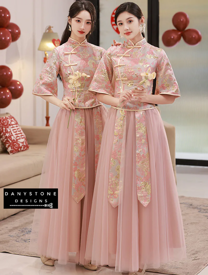 "Two women wearing Elegant Pink Chinese Style Bridesmaids Dress with Intricate Embroidery"