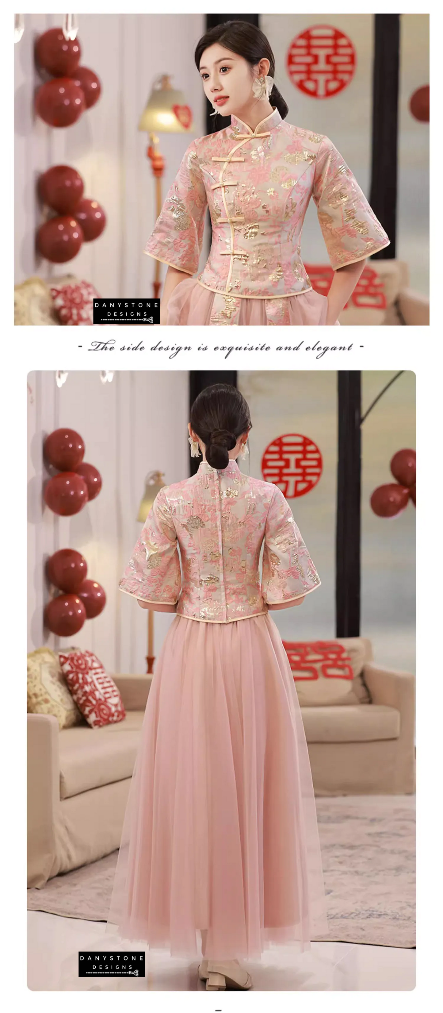 "Front view of the Pink Chinese Style Bridesmaids Dress showcasing its design and embellishments"