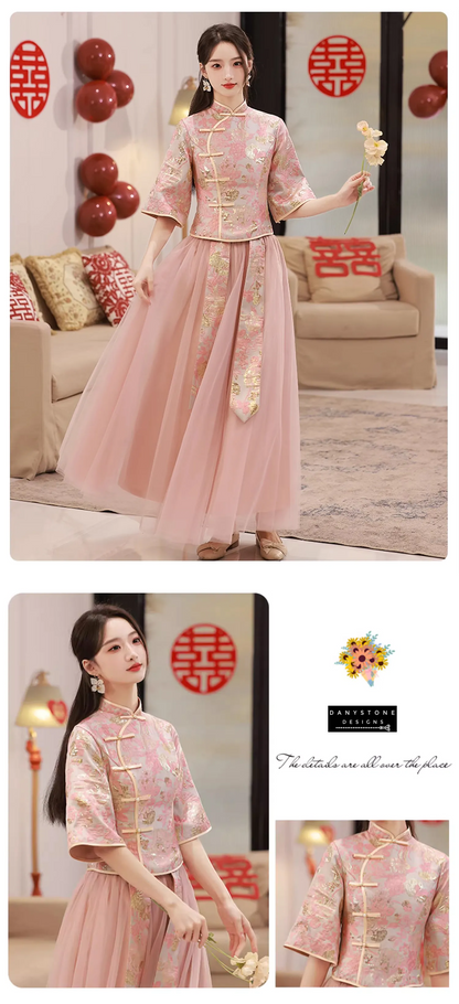 "Front view of the Pink Chinese Style Bridesmaids Dress showcasing its design and embellishments"