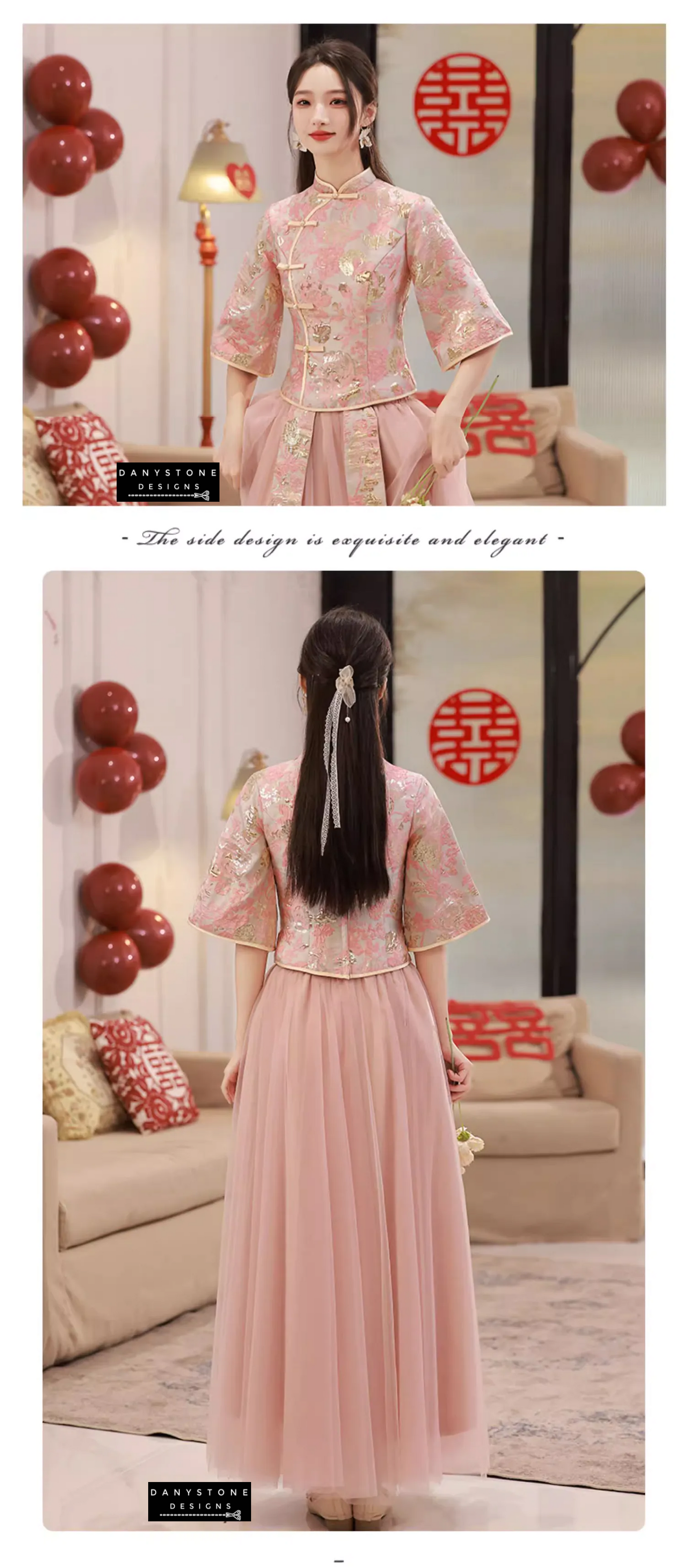 "Back view of the Pink Chinese Style Bridesmaids Dress highlighting its detailed craftsmanship"