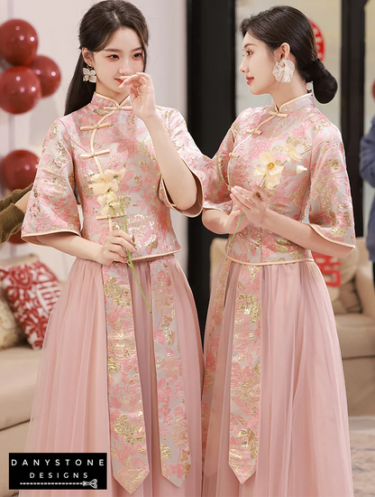 "Two women wearing Elegant Pink Chinese Style Bridesmaids Dress with Intricate Embroidery"