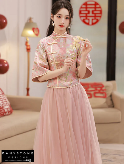 "Close-up of intricate embroidery on the Pink Chinese Style Bridesmaids Dress"