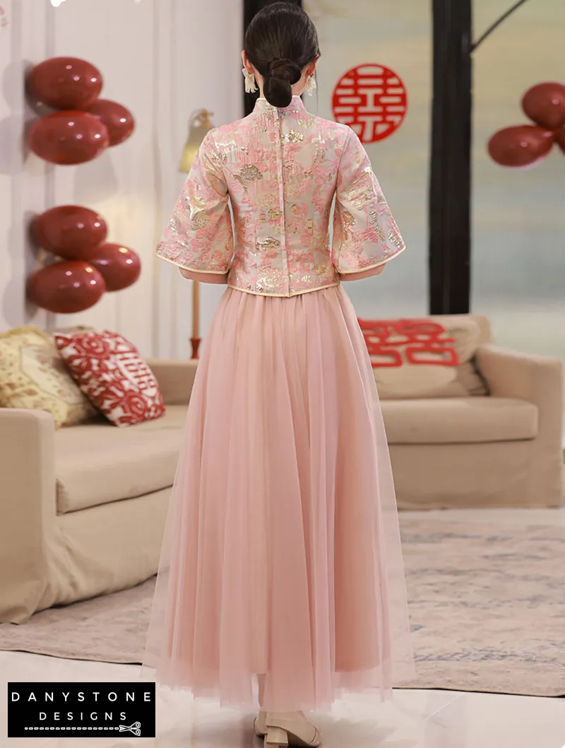 "Close-up of intricate embroidery on the Pink Chinese Style Bridesmaids Dress"