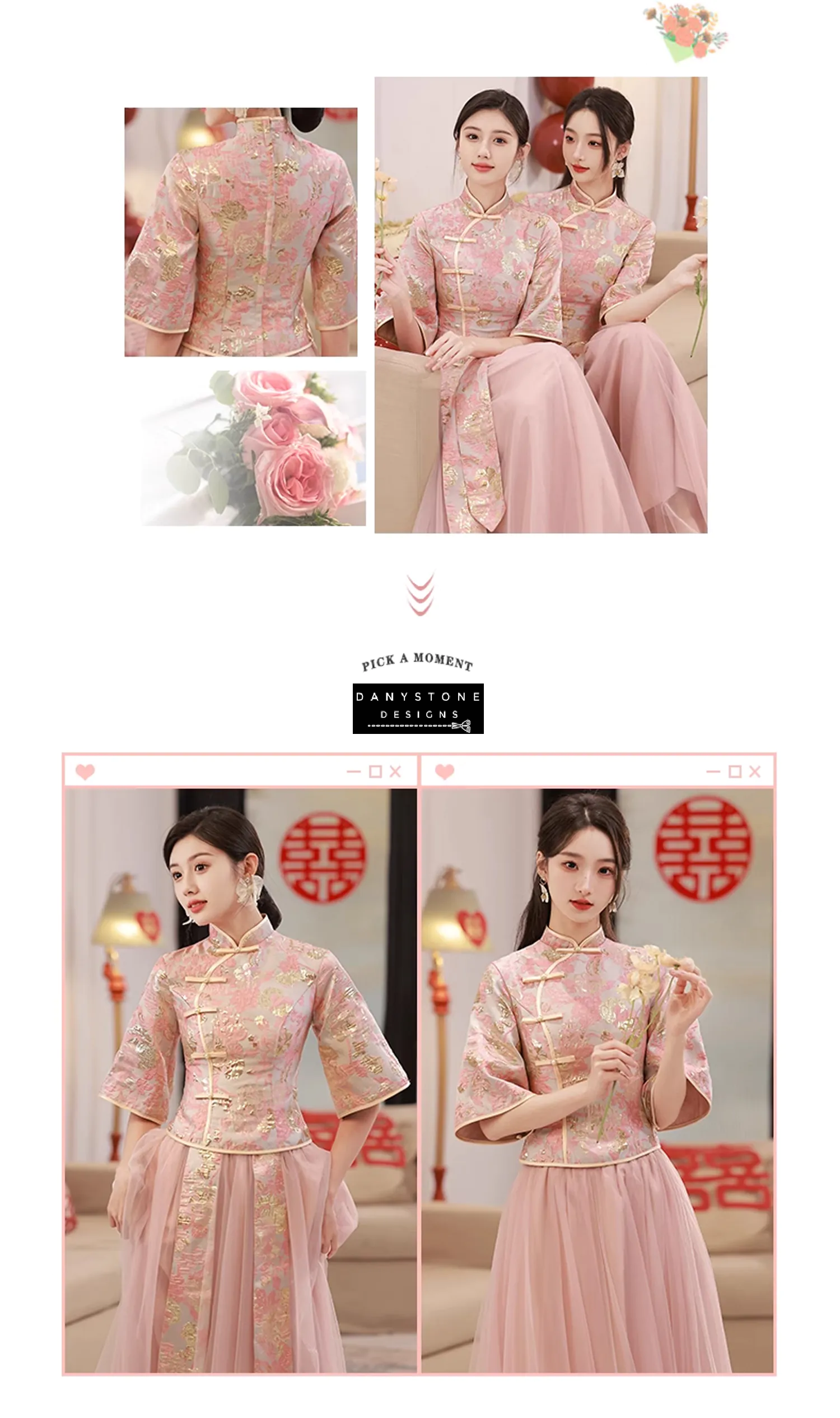 "Two women wearing Elegant Pink Chinese Style Bridesmaids Dress with Intricate Embroidery"