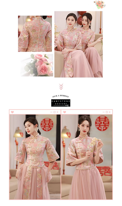 "Two women wearing Elegant Pink Chinese Style Bridesmaids Dress with Intricate Embroidery"