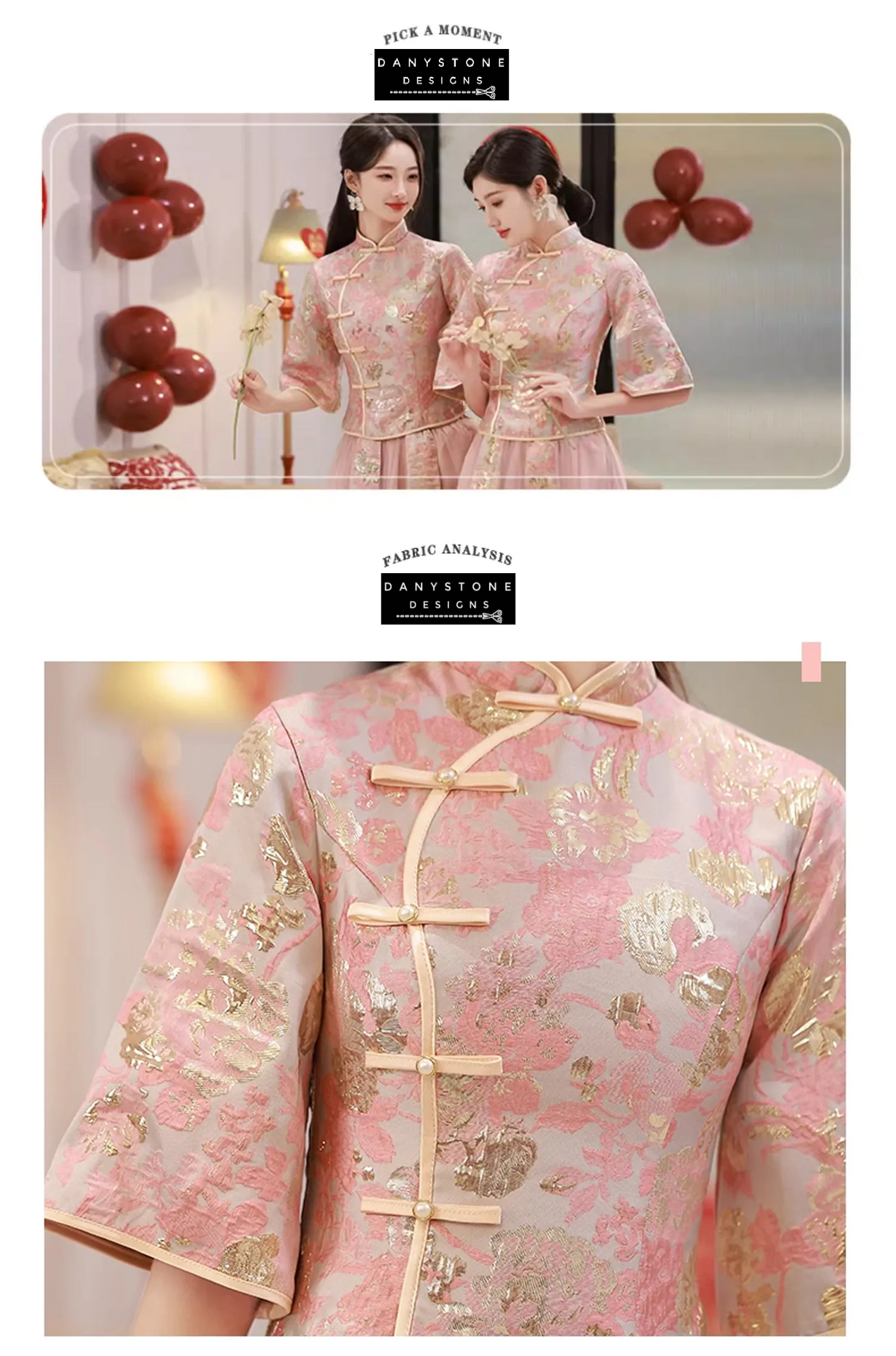 "Two women wearing Elegant Pink Chinese Style Bridesmaids Dress with Intricate Embroidery"