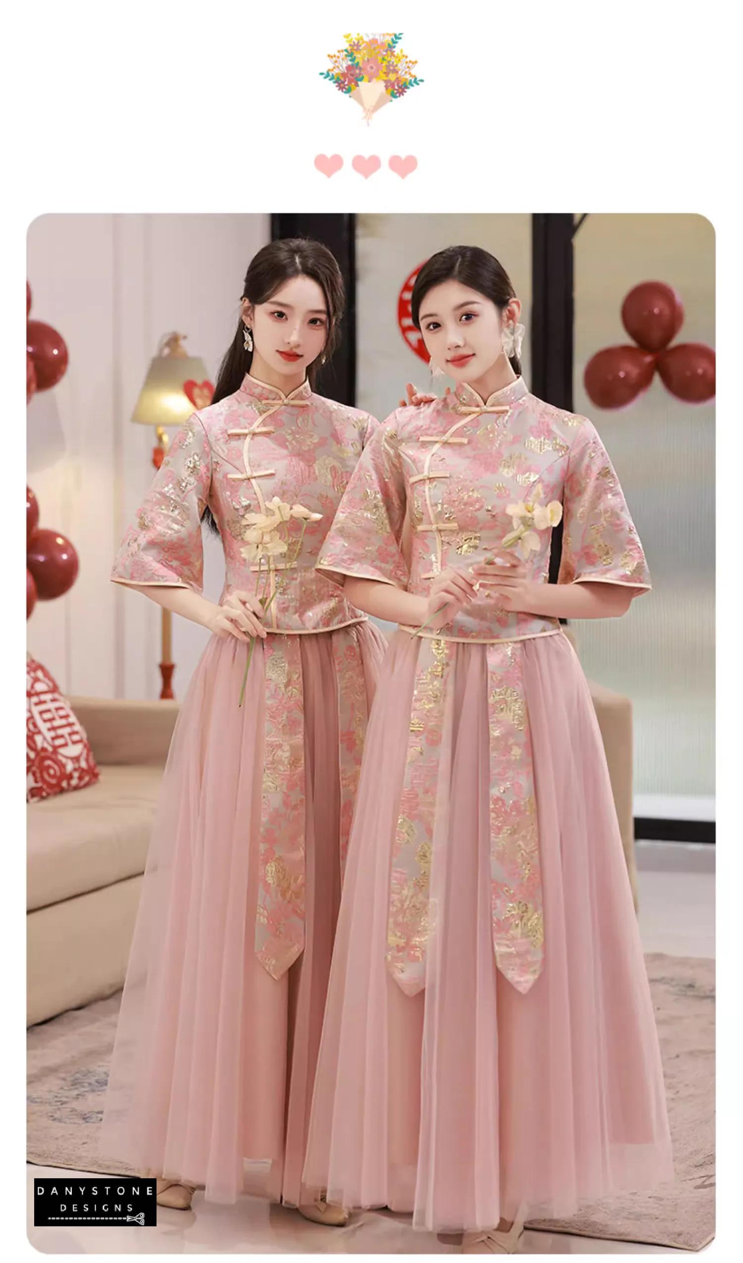 "Two women wearing Elegant Pink Chinese Style Bridesmaids Dress with Intricate Embroidery"