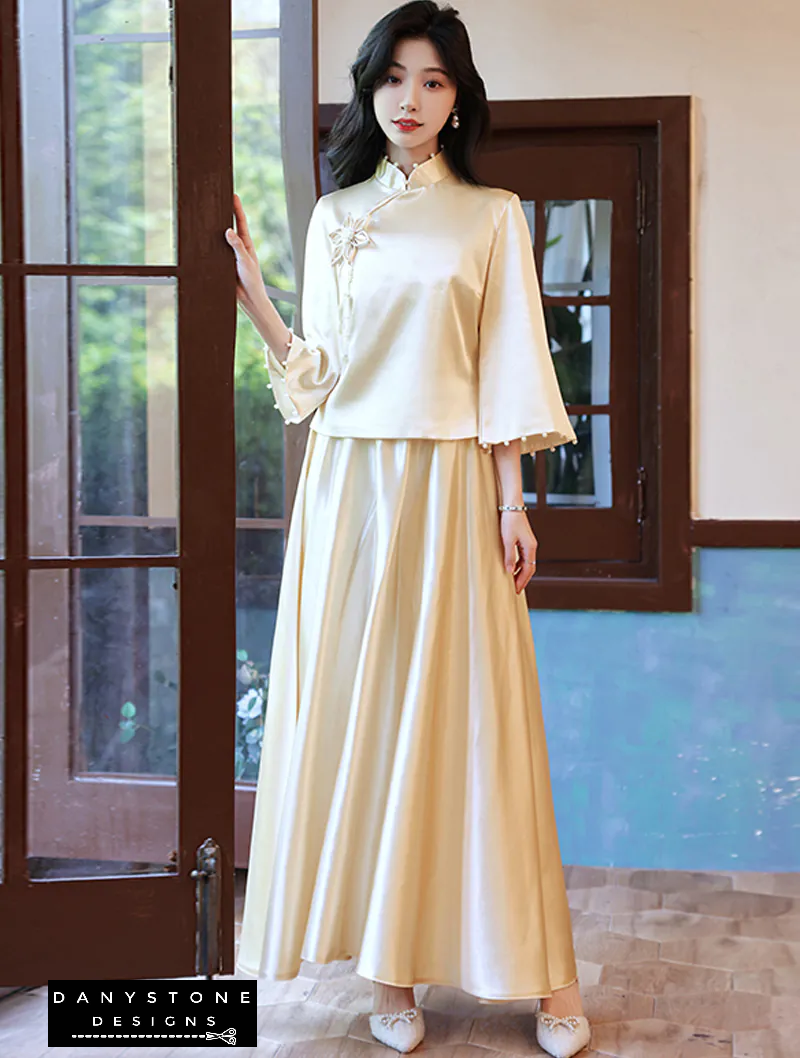 "Woman wearing Elegant Long Sleeve Satin Chinese Style Bridesmaids Party Dress"