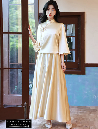 "Woman wearing Elegant Long Sleeve Satin Chinese Style Bridesmaids Party Dress"