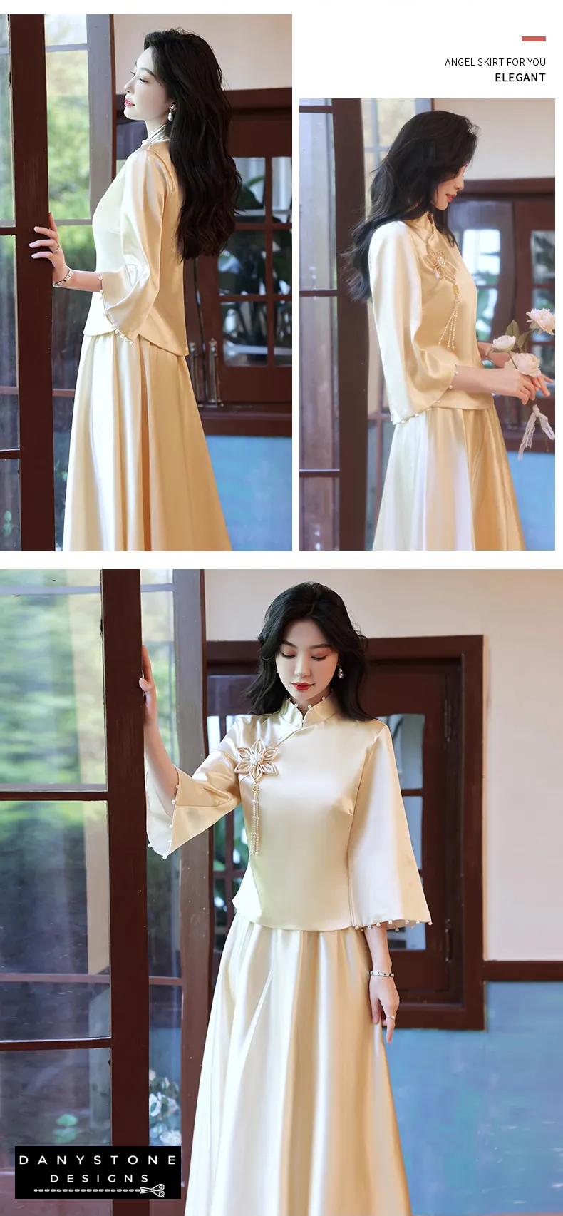 "Front view of the Long Sleeve Satin Chinese Style Bridesmaids Party Dress showcasing its design"