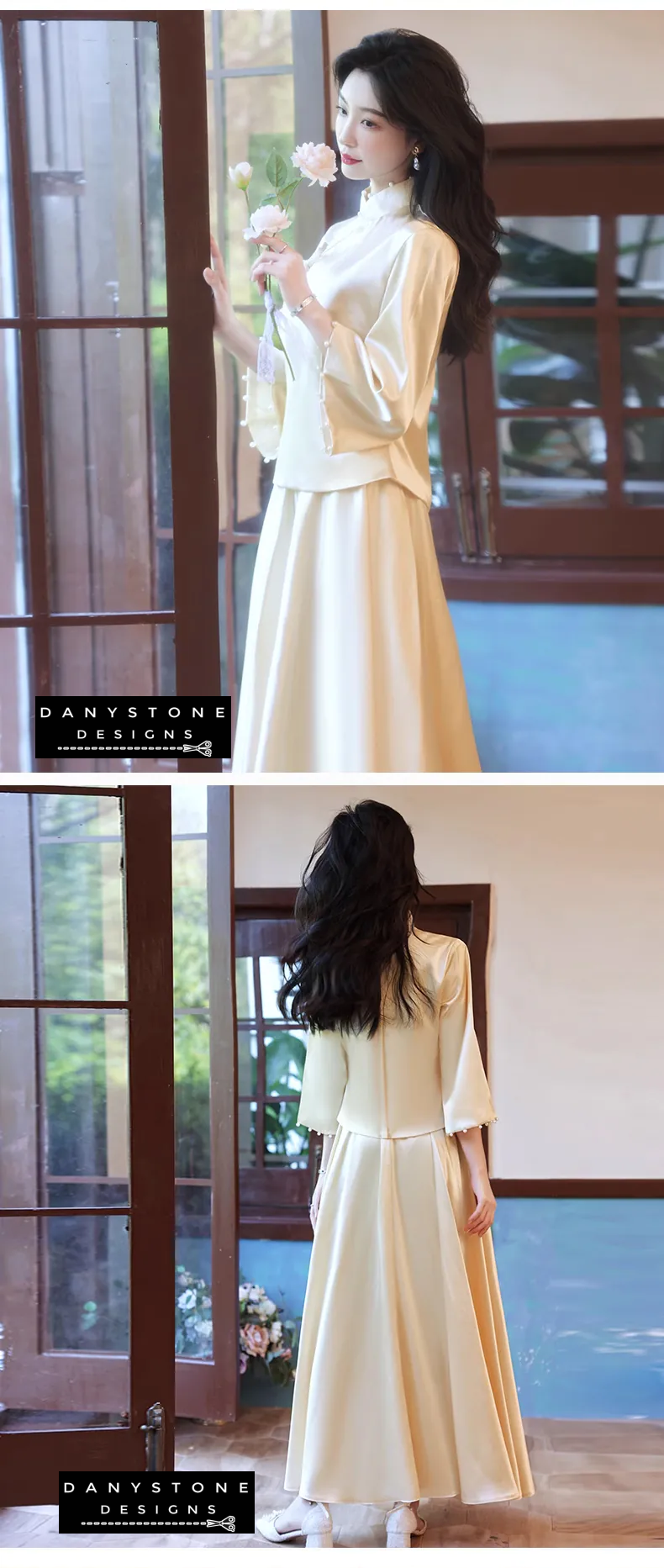 "Back view of the Long Sleeve Satin Chinese Style Bridesmaids Party Dress highlighting its elegance"