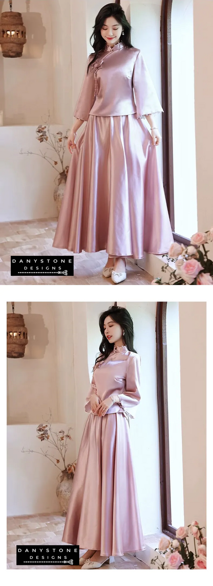 "Woman wearing Elegant Long Sleeve Satin Chinese Style Bridesmaids Party Dress"