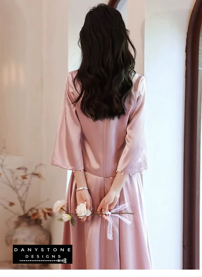 "Front view of the Long Sleeve Satin Chinese Style Bridesmaids Party Dress showcasing its design"