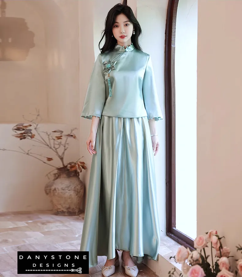 "Woman wearing Elegant Long Sleeve Satin Chinese Style Bridesmaids Party Dress"