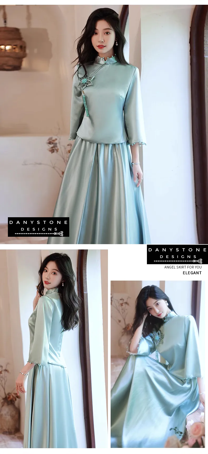 "Woman wearing Elegant Long Sleeve Satin Chinese Style Bridesmaids Party Dress"