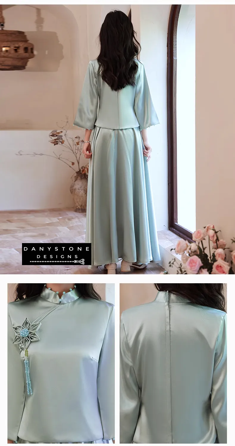 "Woman wearing Elegant Long Sleeve Satin Chinese Style Bridesmaids Party Dress"