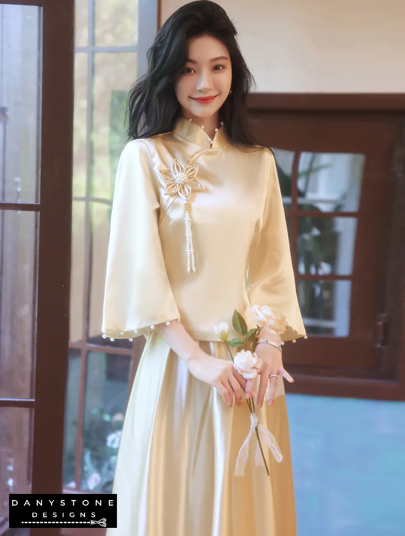 "Woman wearing Elegant Long Sleeve Satin Chinese Style Bridesmaids Party Dress"