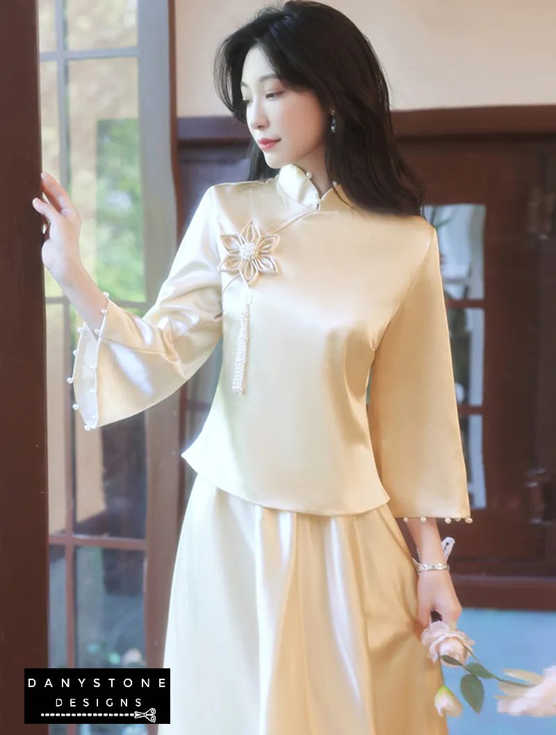 "Woman wearing Elegant Long Sleeve Satin Chinese Style Bridesmaids Party Dress"