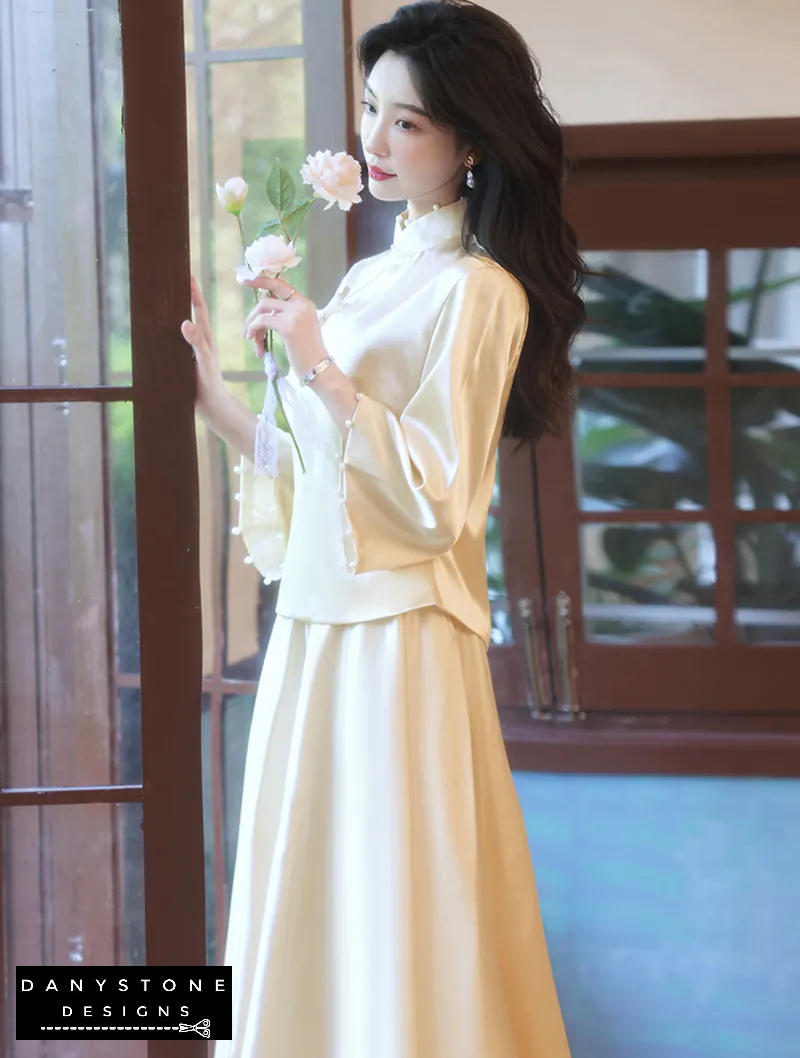 "Close-up of satin fabric and long sleeves on the Chinese Style Bridesmaids Party Dress"